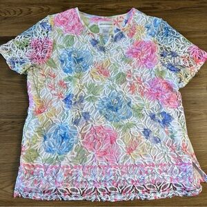Alfred Dunner Floral Lace Overlay Shirt Pink Green Short Sleeve Rhinestone Large